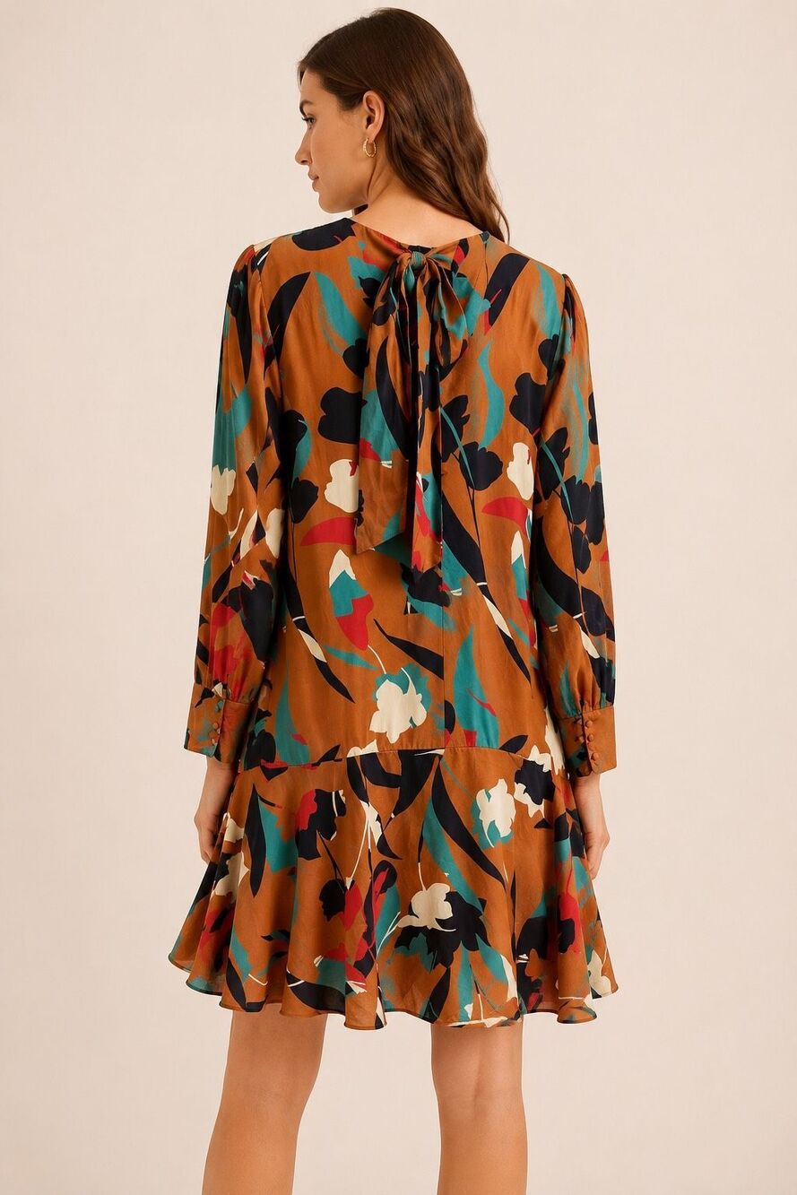 CHRISTY LYNN Silk Floral Dress Size Medium Drop Waist Luxury Brown Red Teal - Picture 2 of 16